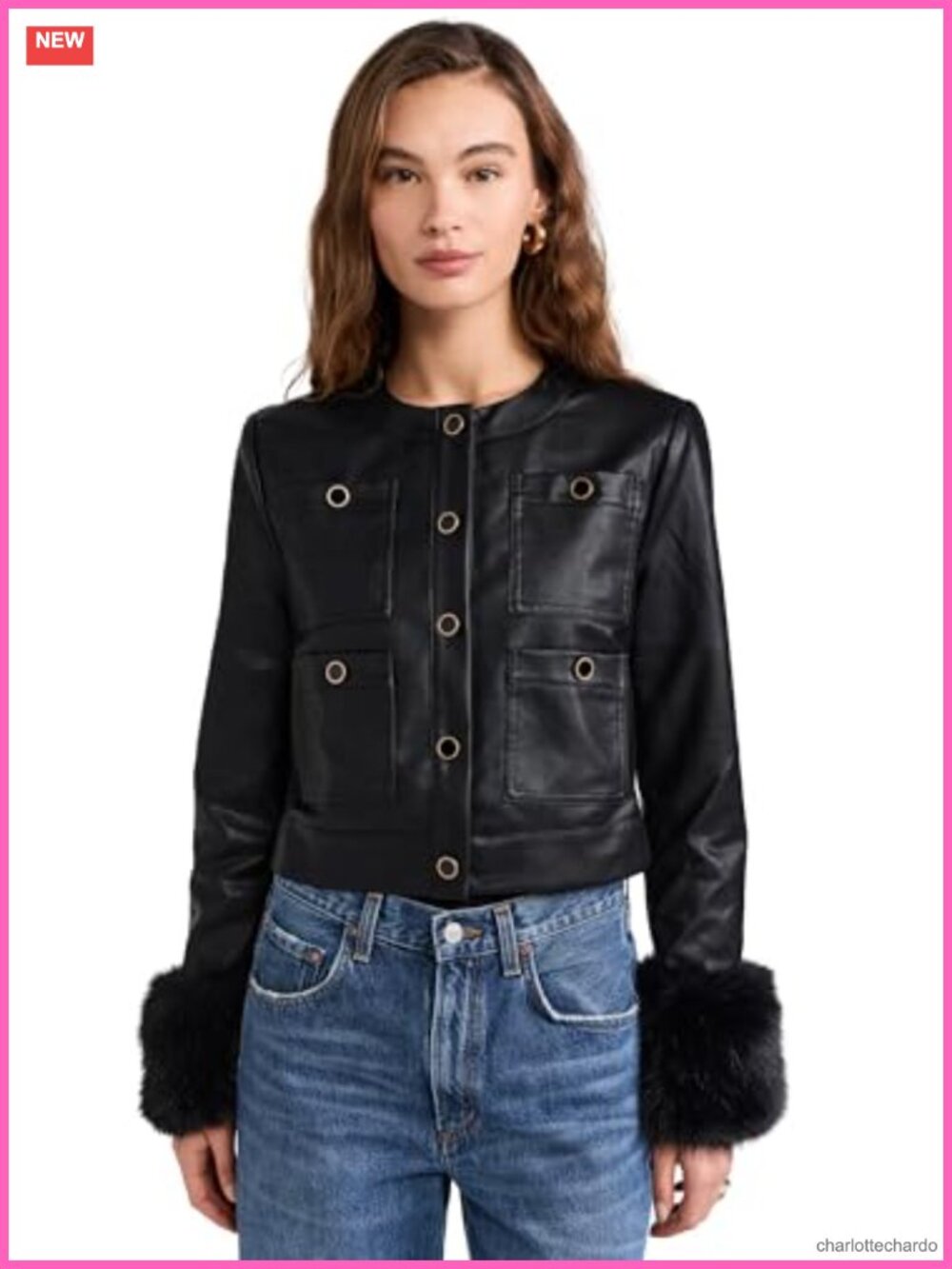 WAYF Boxy Faux Leather Jacket Faux Fur Cuffs Oversized Blazer